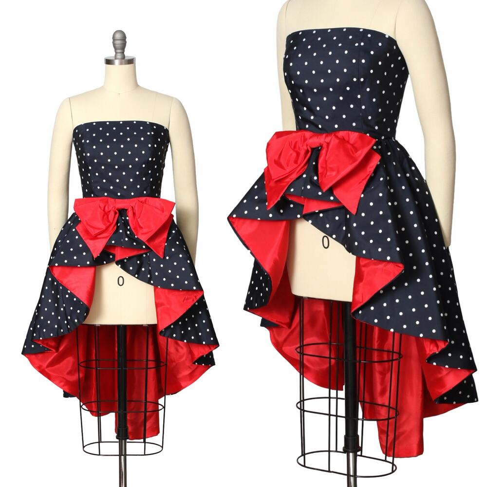 Vintage 1980s Dress 80s High-Low Polka Dot Blue Red Asymmetrical Train Top